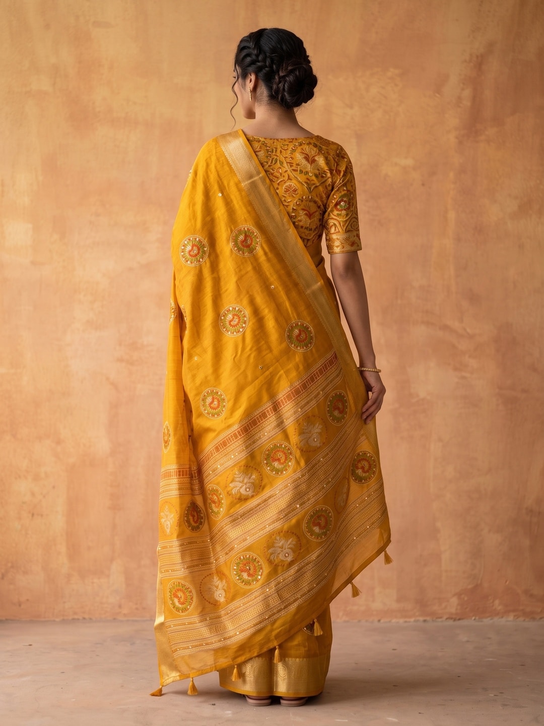 Peachmode Mustard Benny Cotton Saree With Aari Mirror Work And Jacquard Border - Image 2