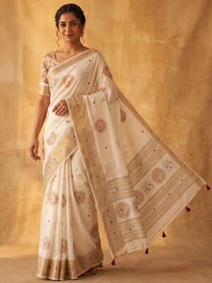 Peachmode White Benny Cotton Saree With Aari Mirror Work And Jacquard Border - Image 1