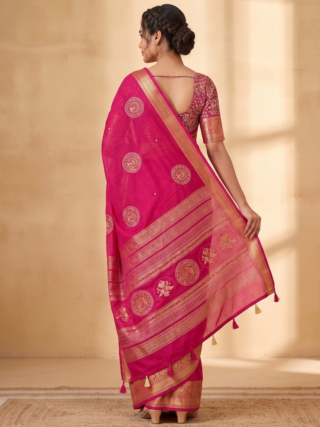 Peachmode Rani Pink Benny Cotton Saree With Aari Mirror Work And Jacquard Border - Image 2