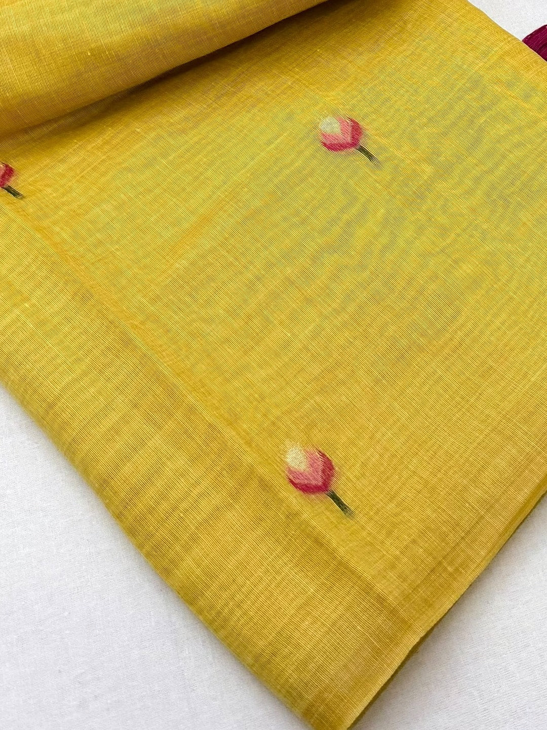 Peachmode Mustard Rumali Cotton Saree With Jacquard Butta And Lotus Print Pallu - Image 5