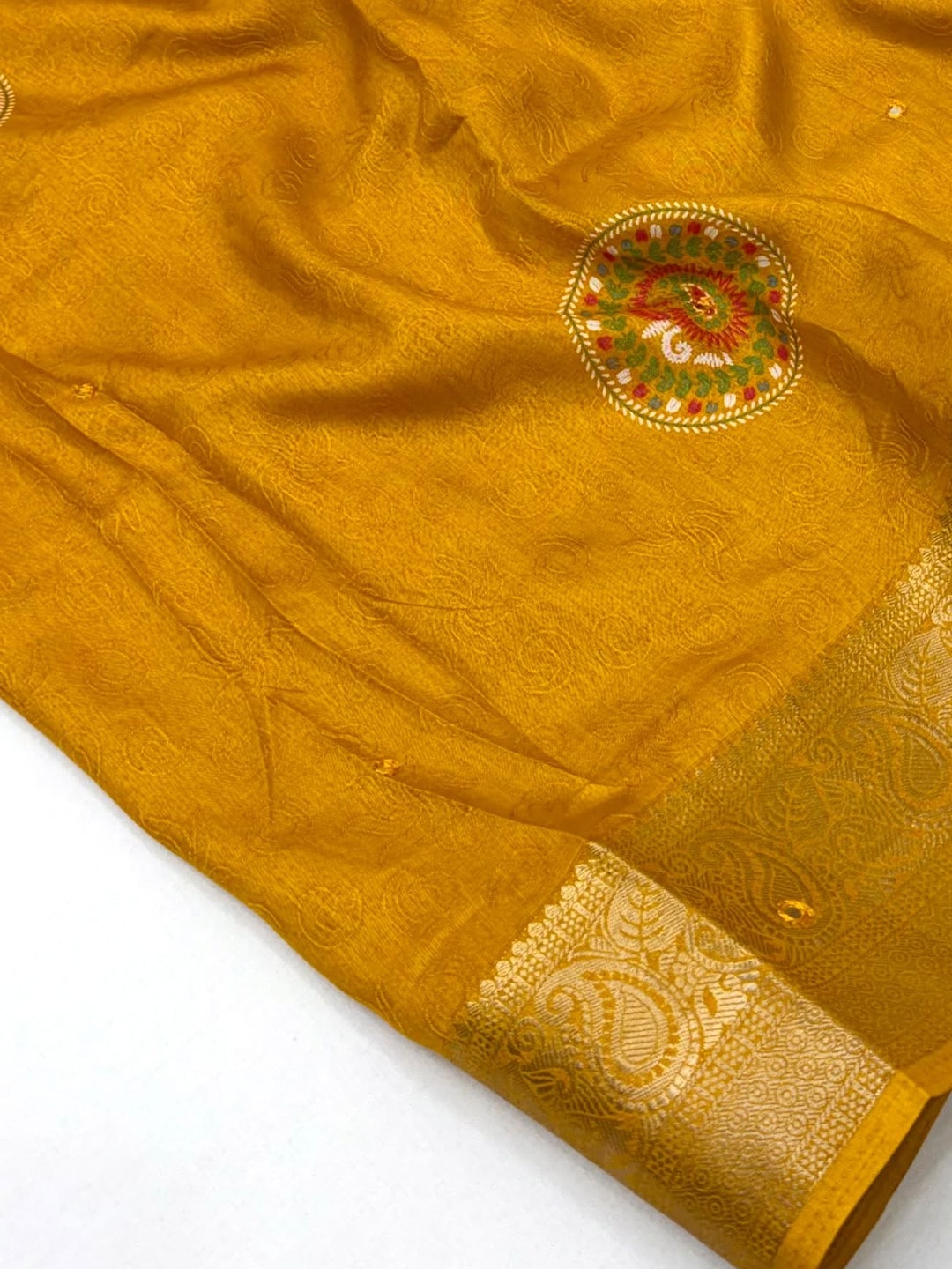 Peachmode Mustard Benny Cotton Saree With Aari Mirror Work And Jacquard Border - Image 5