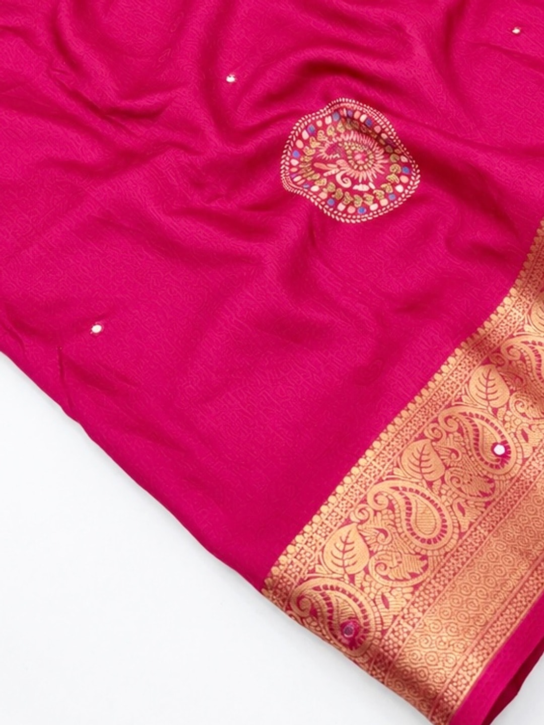 Peachmode Rani Pink Benny Cotton Saree With Aari Mirror Work And Jacquard Border - Image 5