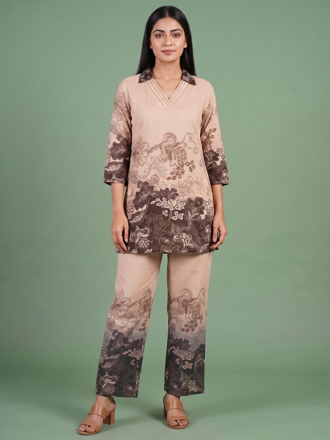 Peachmode Beige Muslin Floral Print Co-ord Set - Image 1