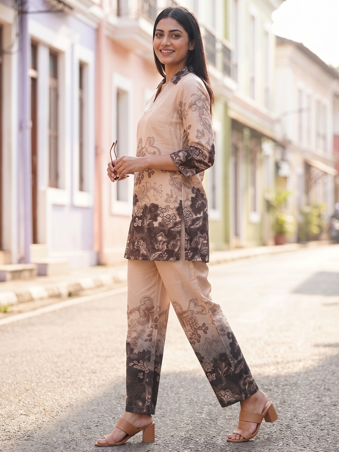 Peachmode Beige Muslin Floral Print Co-ord Set - Image 2