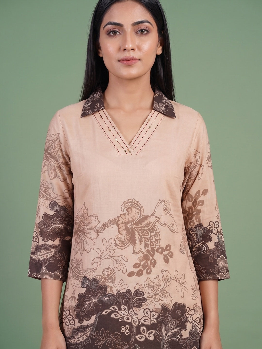 Peachmode Beige Muslin Floral Print Co-ord Set - Image 5