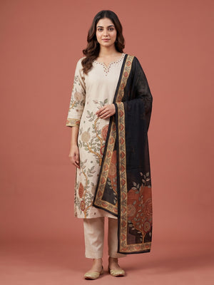 Peachmode Cream Muslin Embroidered Neck Salwar Suit - Image 1