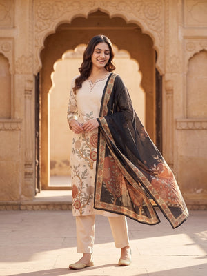 Peachmode Cream Muslin Embroidered Neck Salwar Suit - Image 2