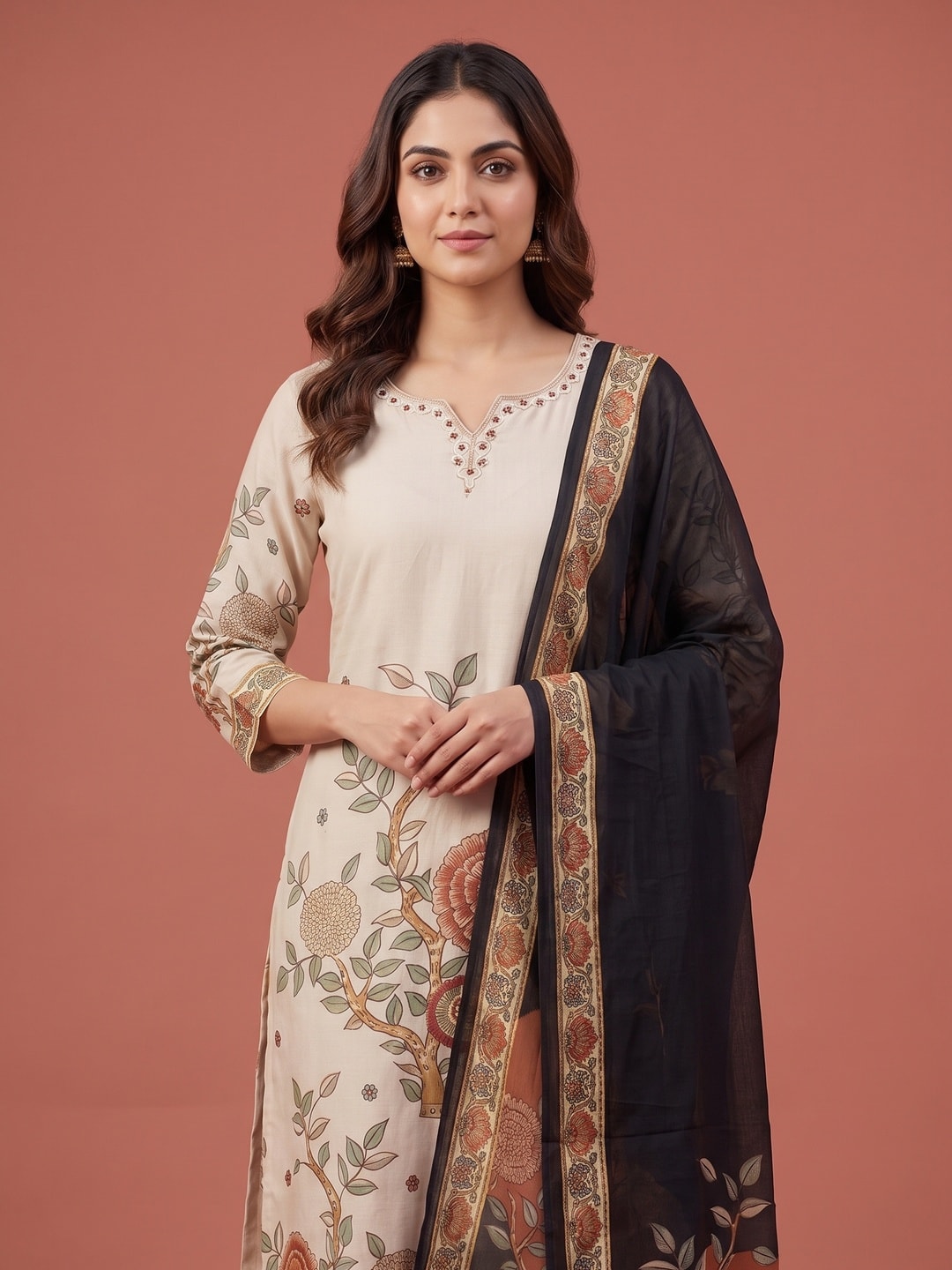Peachmode Cream Muslin Embroidered Neck Salwar Suit - Image 5