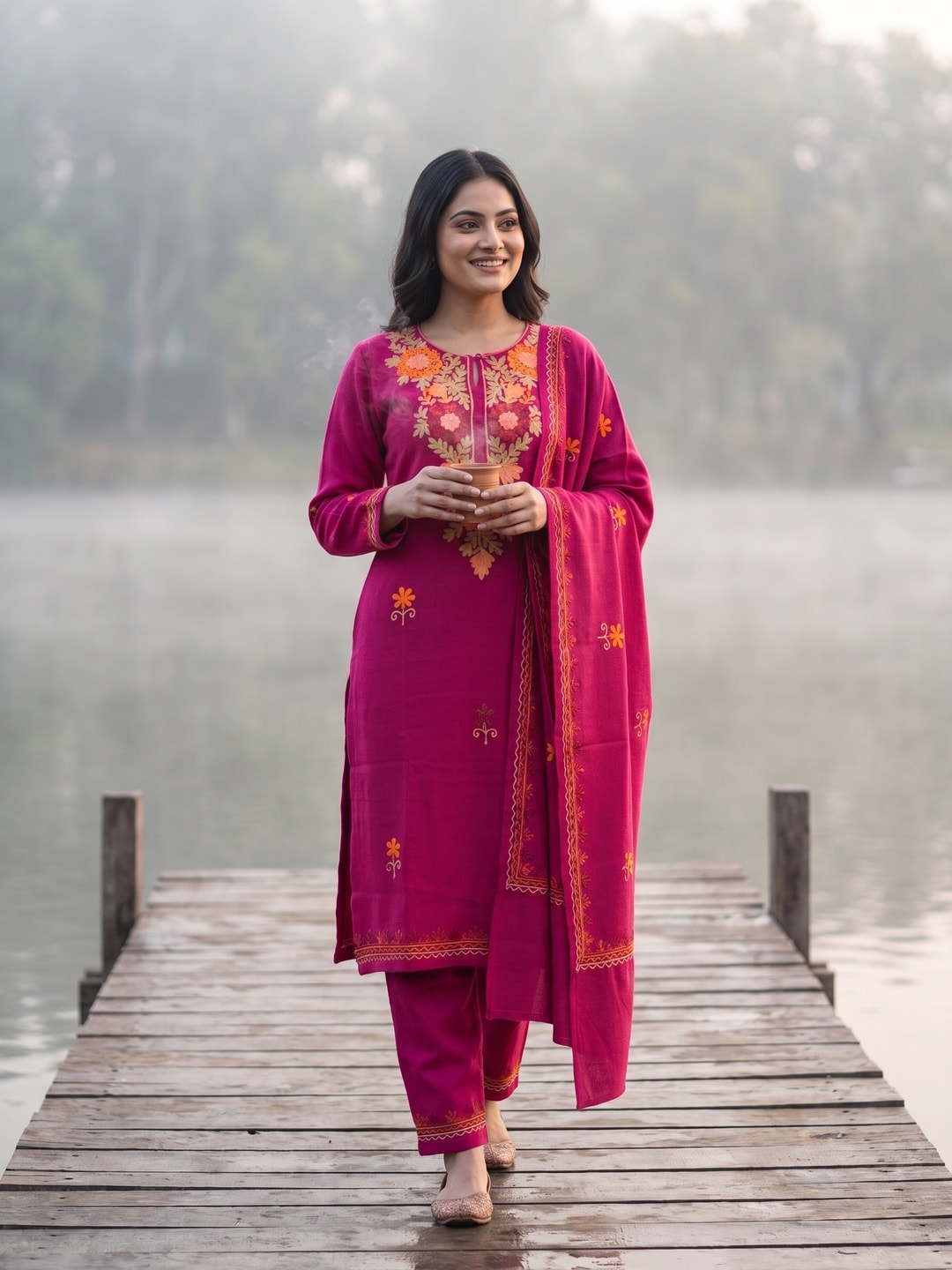 Peachmode Pink Woolen Salwar Suit With Floral Embroidery - Image 2