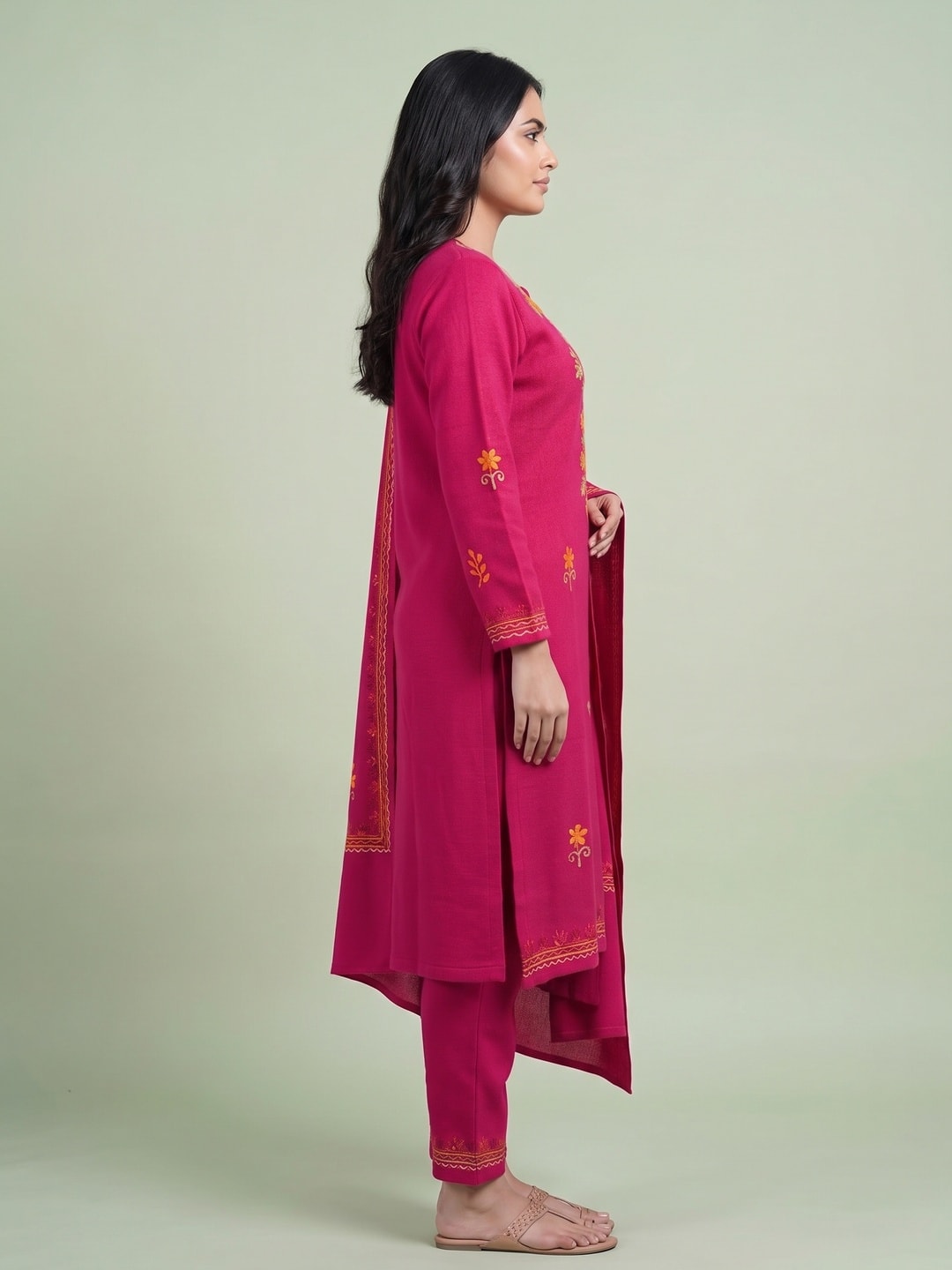 Peachmode Pink Woolen Salwar Suit With Floral Embroidery - Image 3