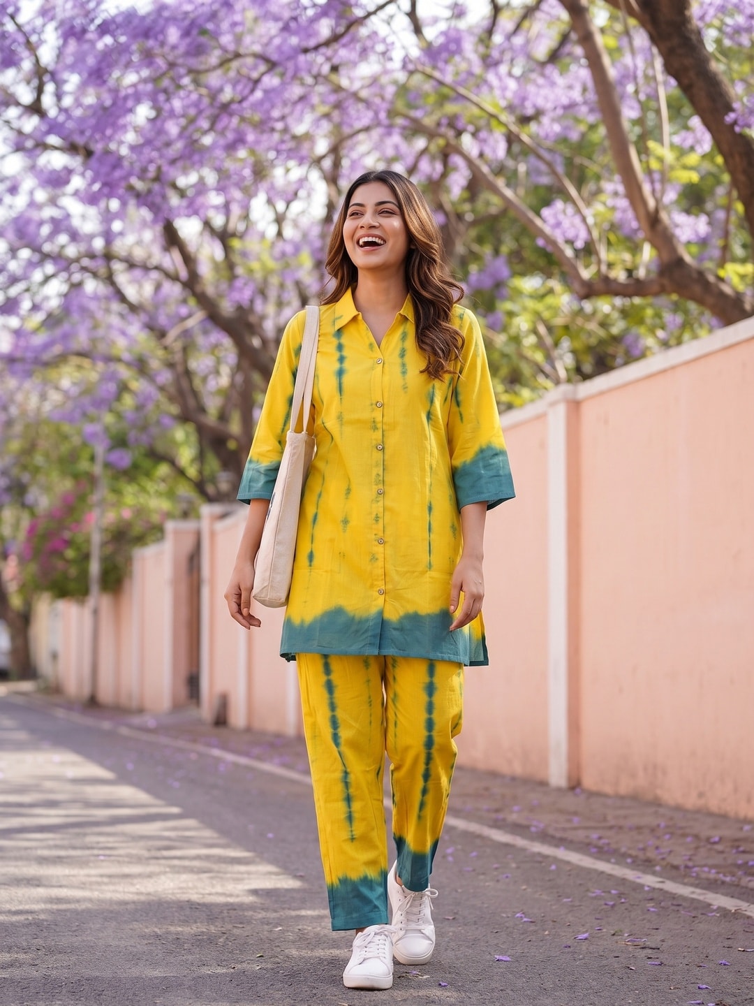 Peachmode Yellow Muslin Tie-Dye Top Bottom Set - Image 2