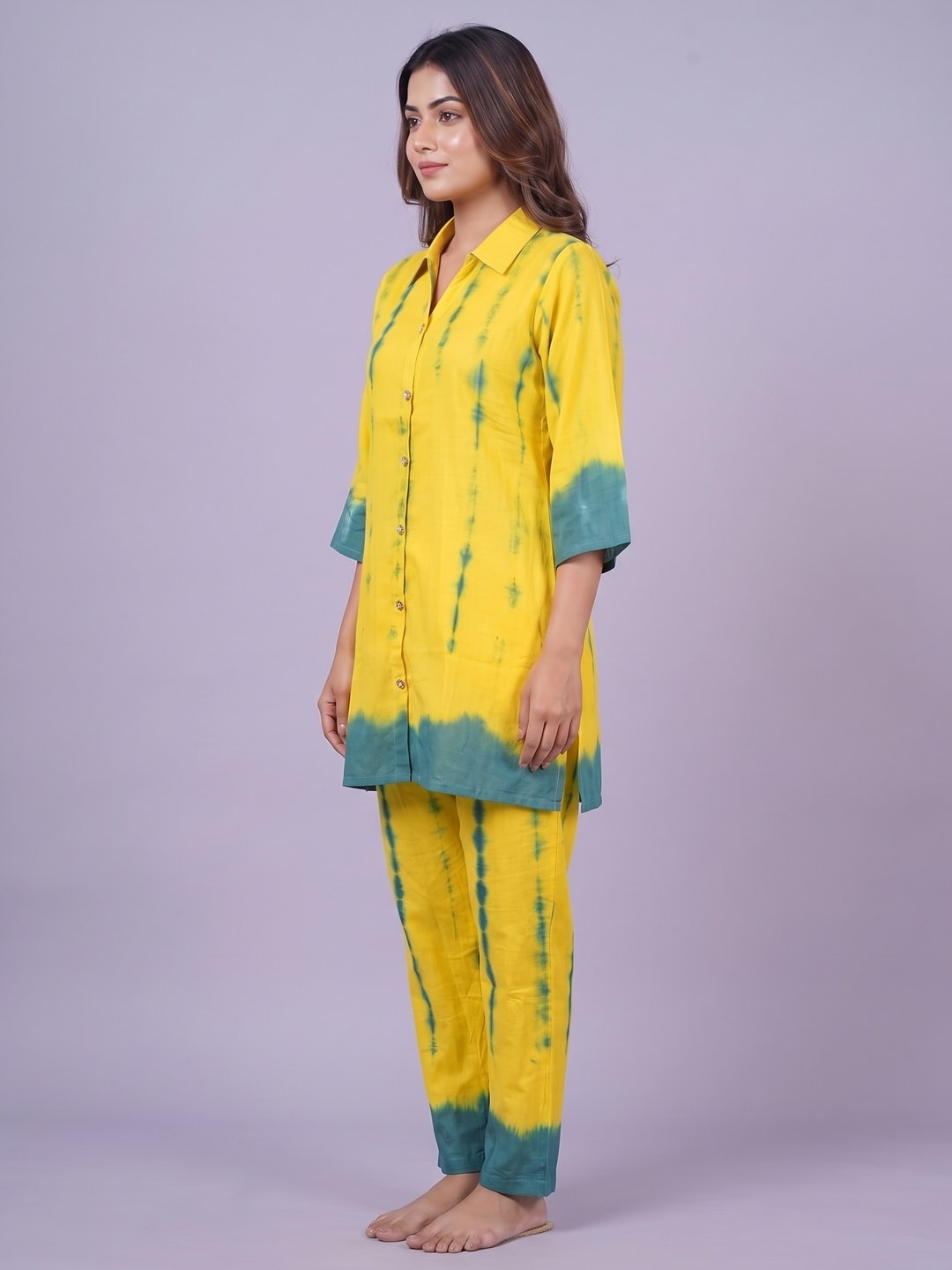 Peachmode Yellow Muslin Tie-Dye Top Bottom Set - Image 3