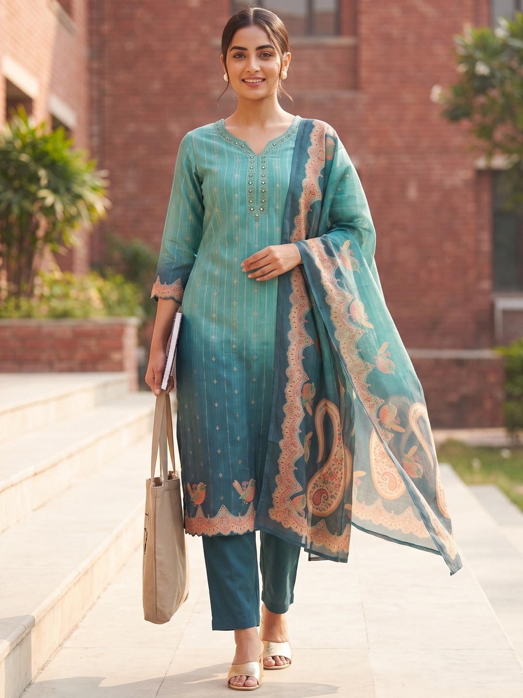Peachmode Teal Viscose Blend Embroidered V-Neck Salwar Suit With Printed Dupatta - Image 2