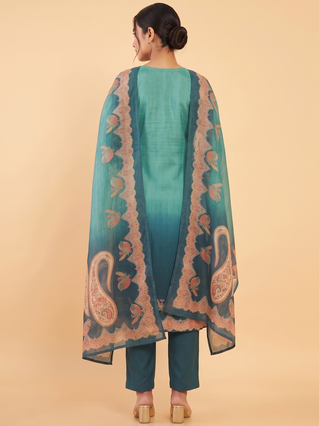 Peachmode Teal Viscose Blend Embroidered V-Neck Salwar Suit With Printed Dupatta - Image 4