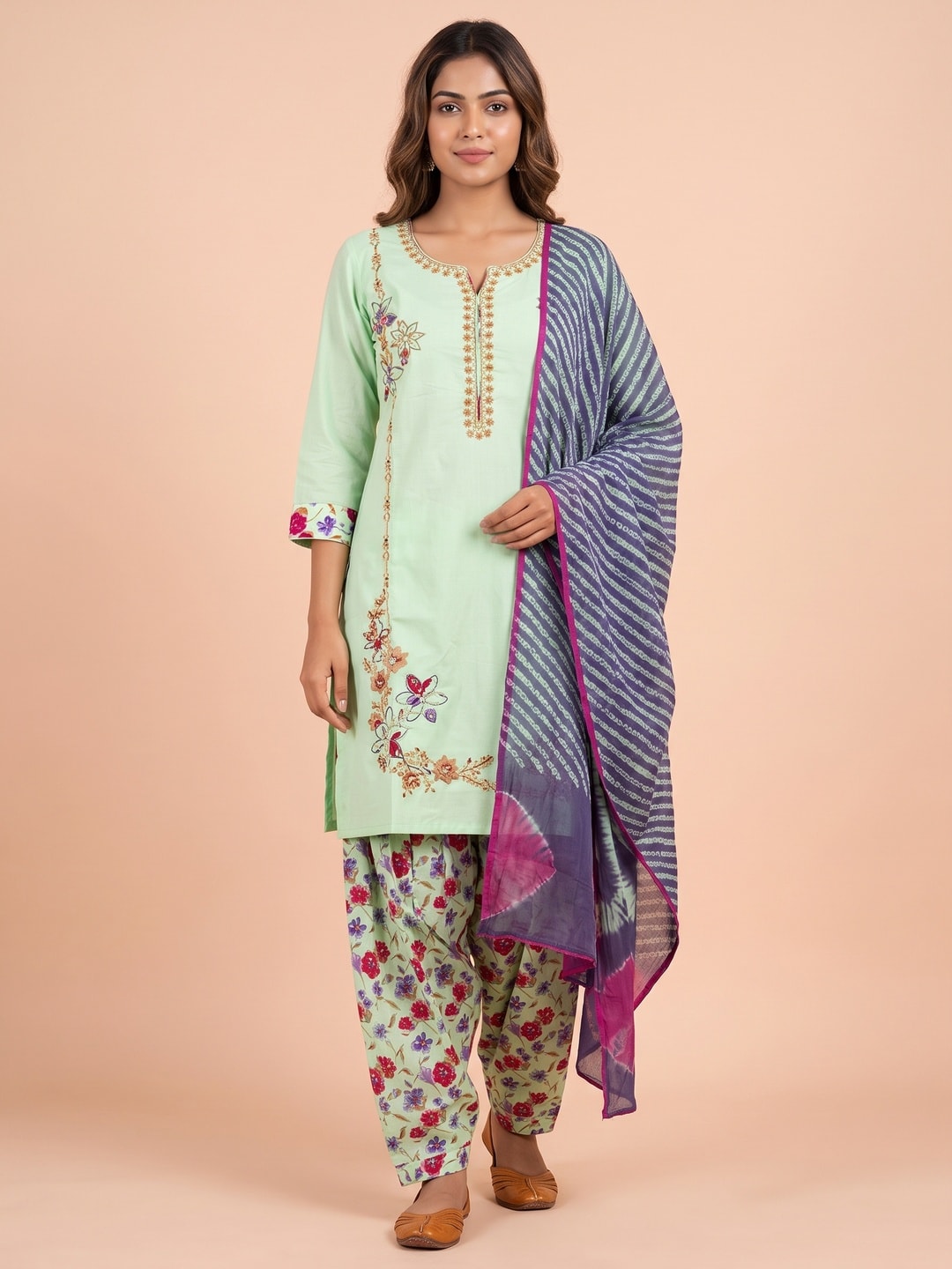 Peachmode Light Green Cotton Embroidered Neck Salwar Suit With Floral Print Salwar - Image 1