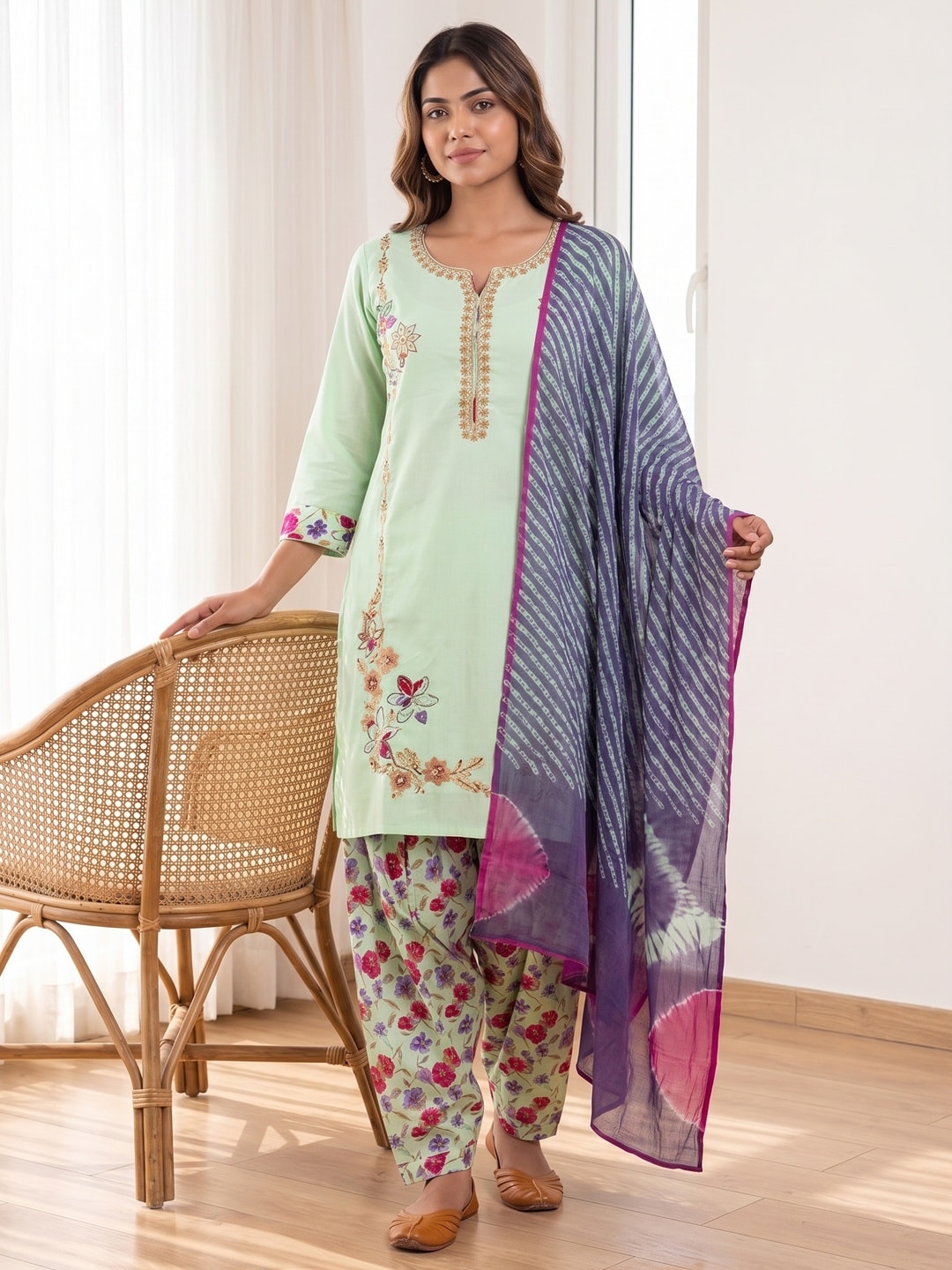 Peachmode Light Green Cotton Embroidered Neck Salwar Suit With Floral Print Salwar - Image 2