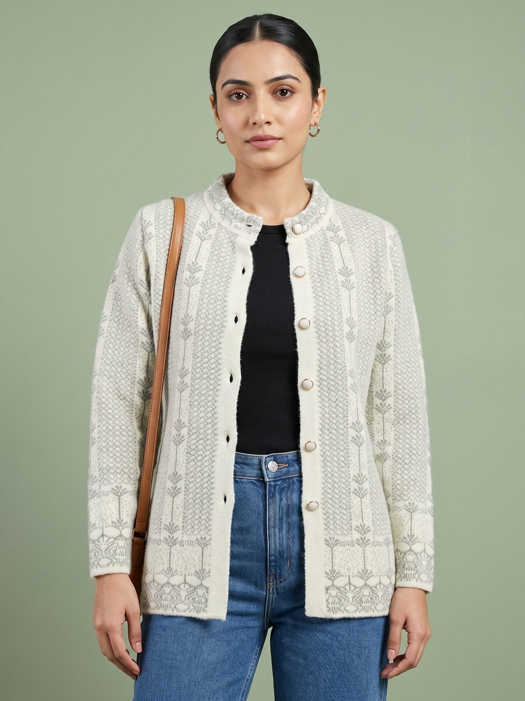 Peachmode Cream Leaf Jacquard Embroidered Woolen Cardigan - Image 1