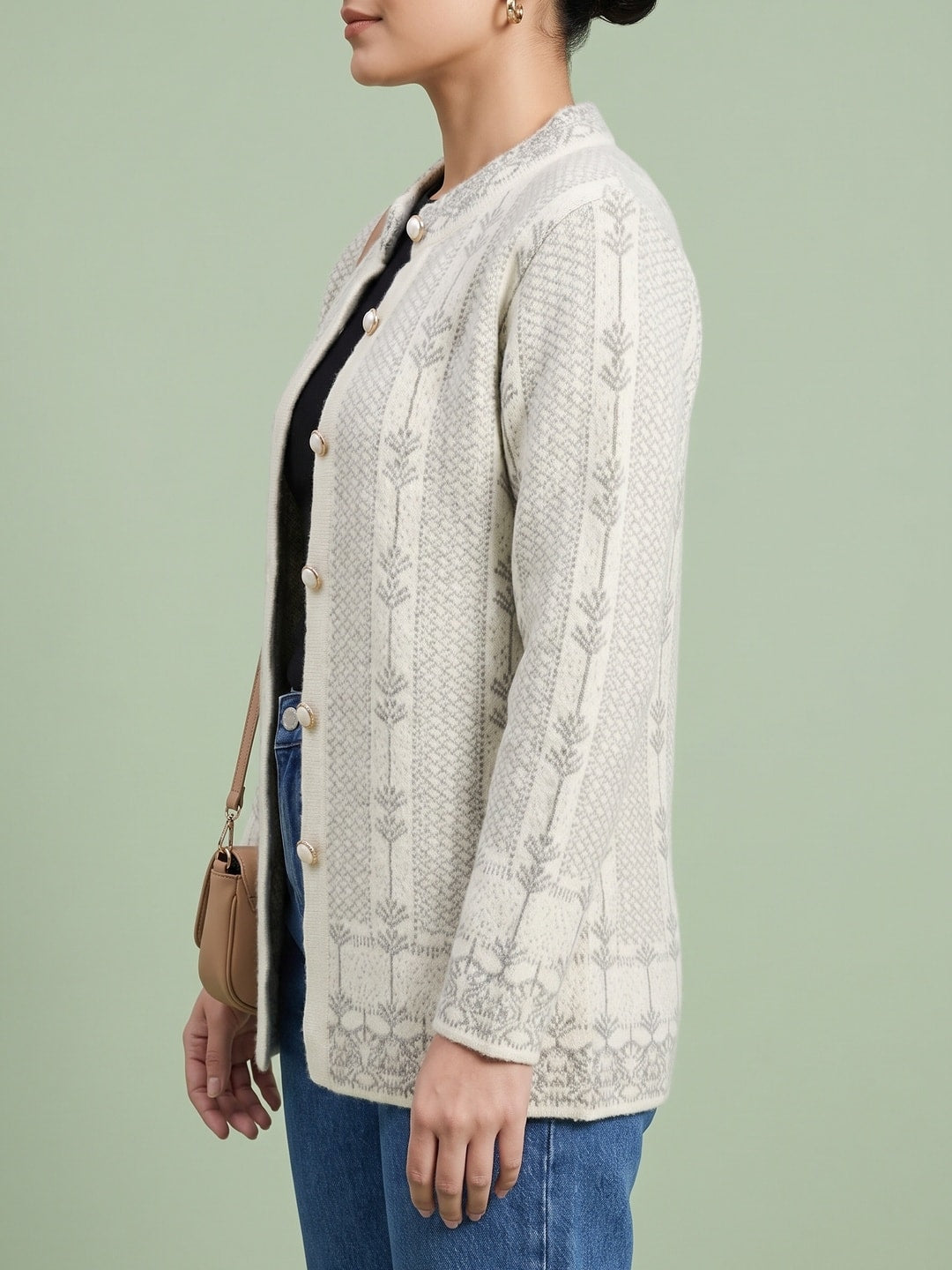 Peachmode Cream Leaf Jacquard Embroidered Woolen Cardigan - Image 3