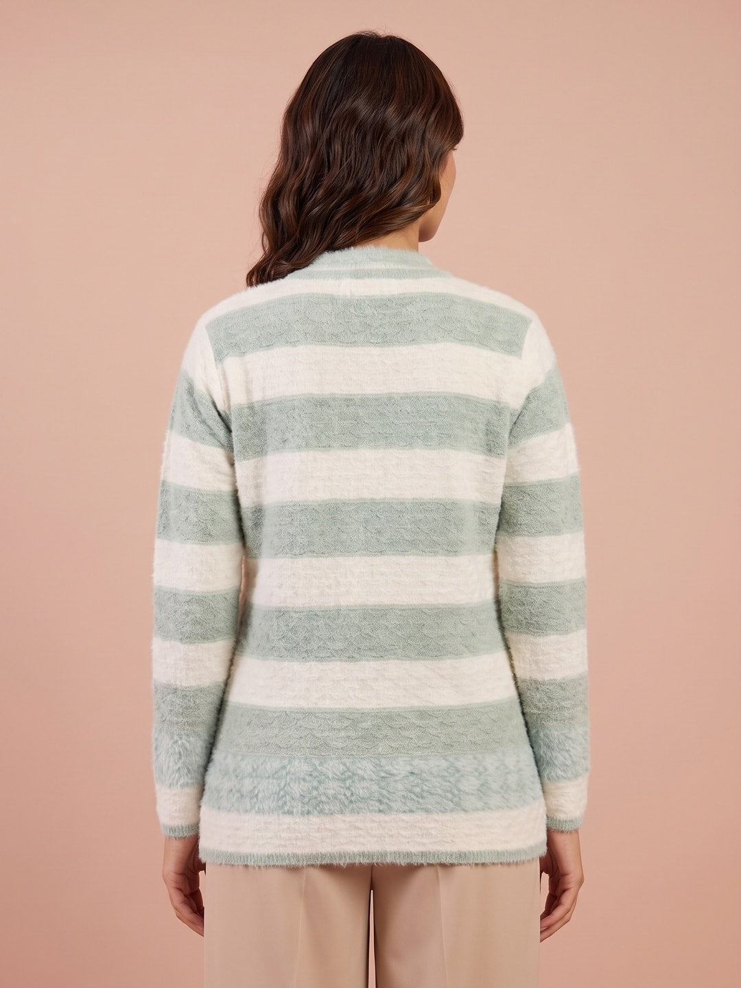 Peachmode Sage Green Striped Beaded Yoke Woolen Cardigan - Image 4