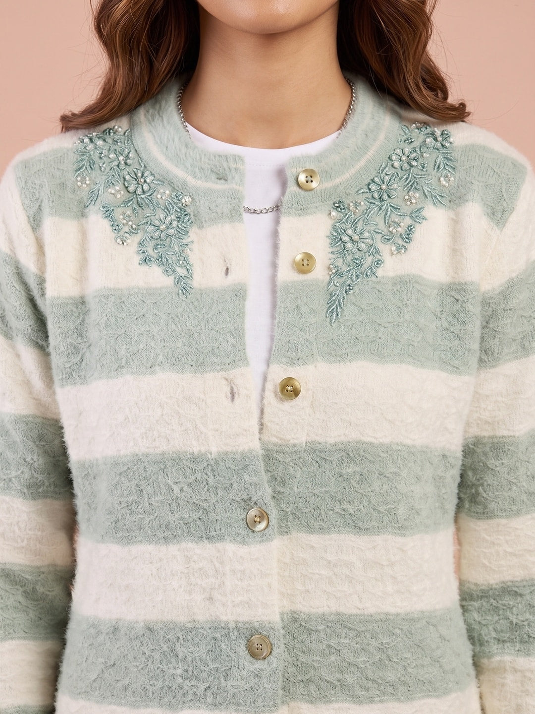 Peachmode Sage Green Striped Beaded Yoke Woolen Cardigan - Image 5