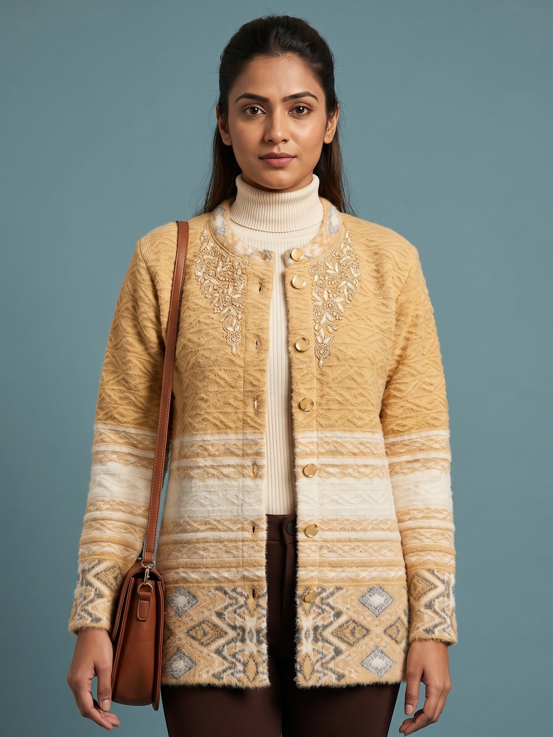 Peachmode Beige Cable Knit Aztec Border Woolen Cardigan - Image 1