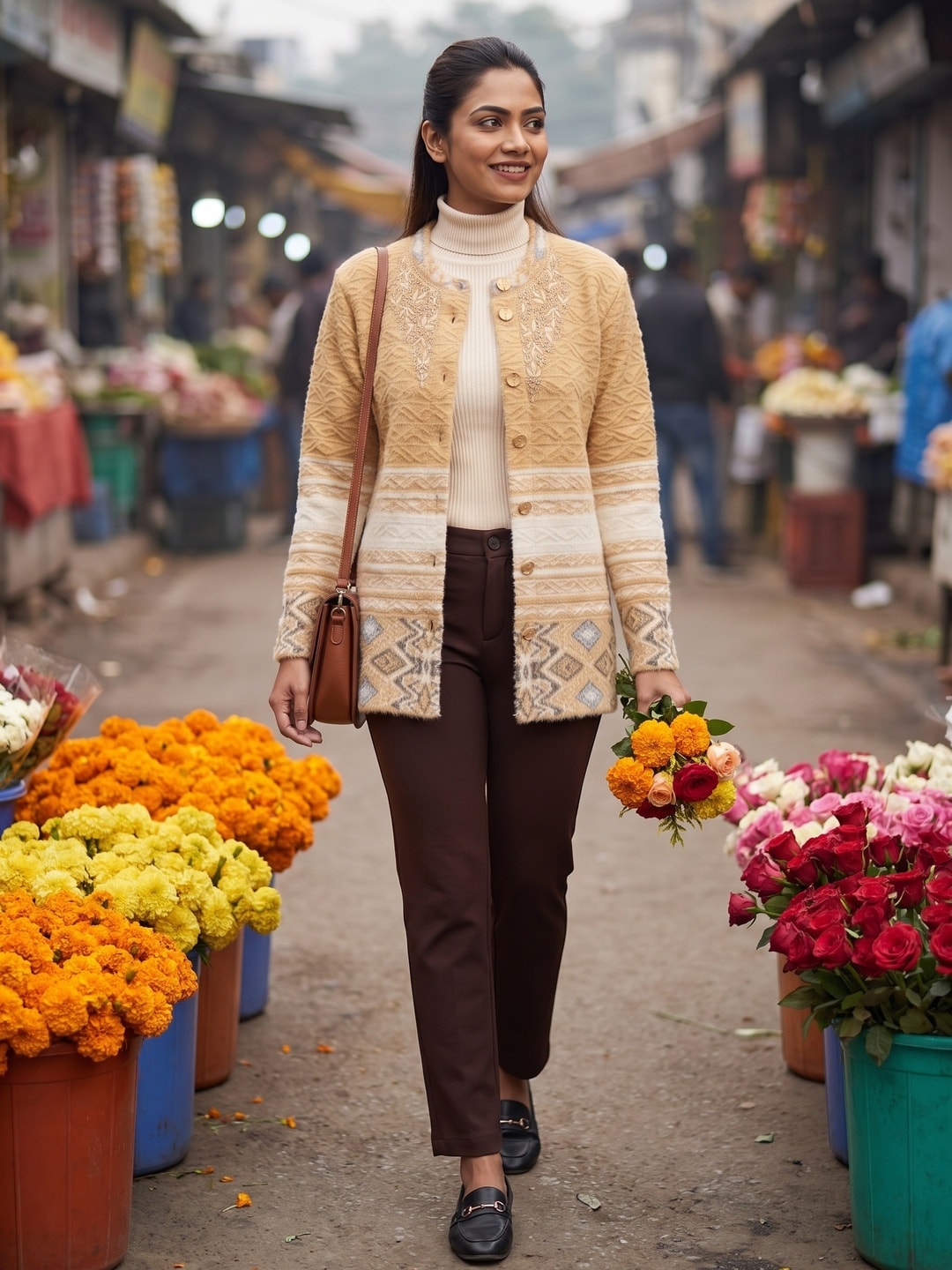 Peachmode Beige Cable Knit Aztec Border Woolen Cardigan - Image 2