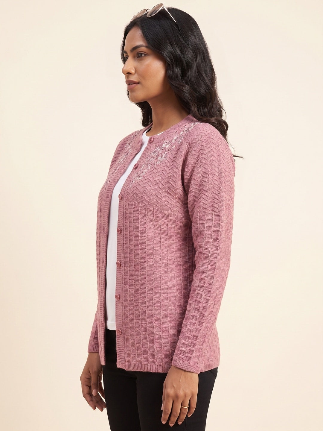Peachmode Dusty Pink Waffle Knit Embroidered Woolen Cardigan - Image 3