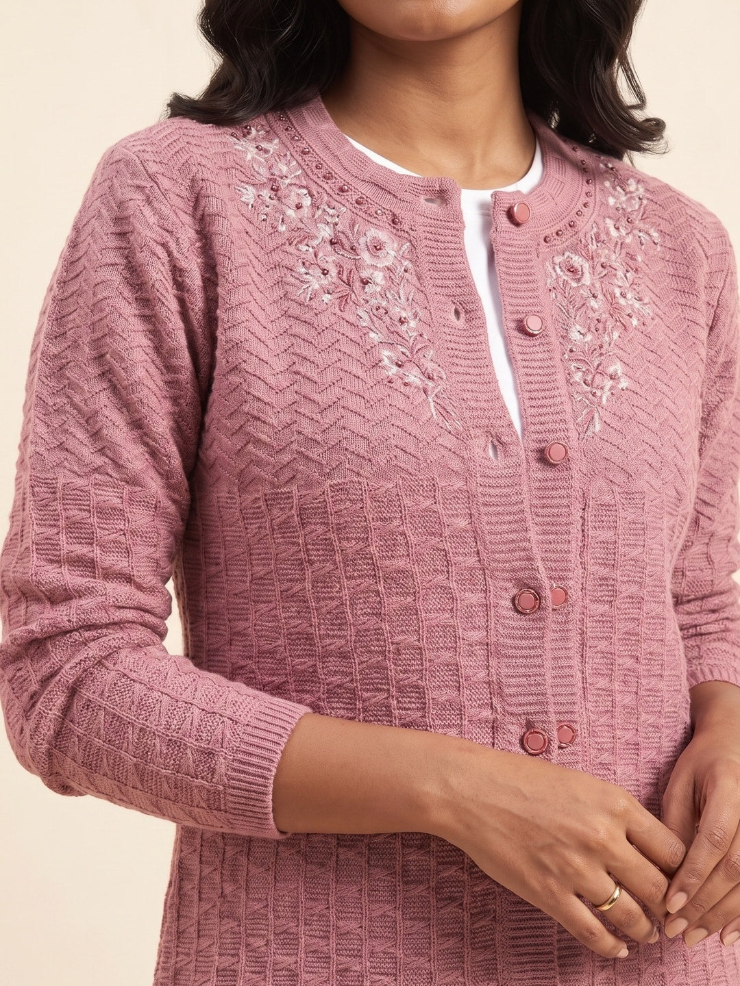Peachmode Dusty Pink Waffle Knit Embroidered Woolen Cardigan - Image 5