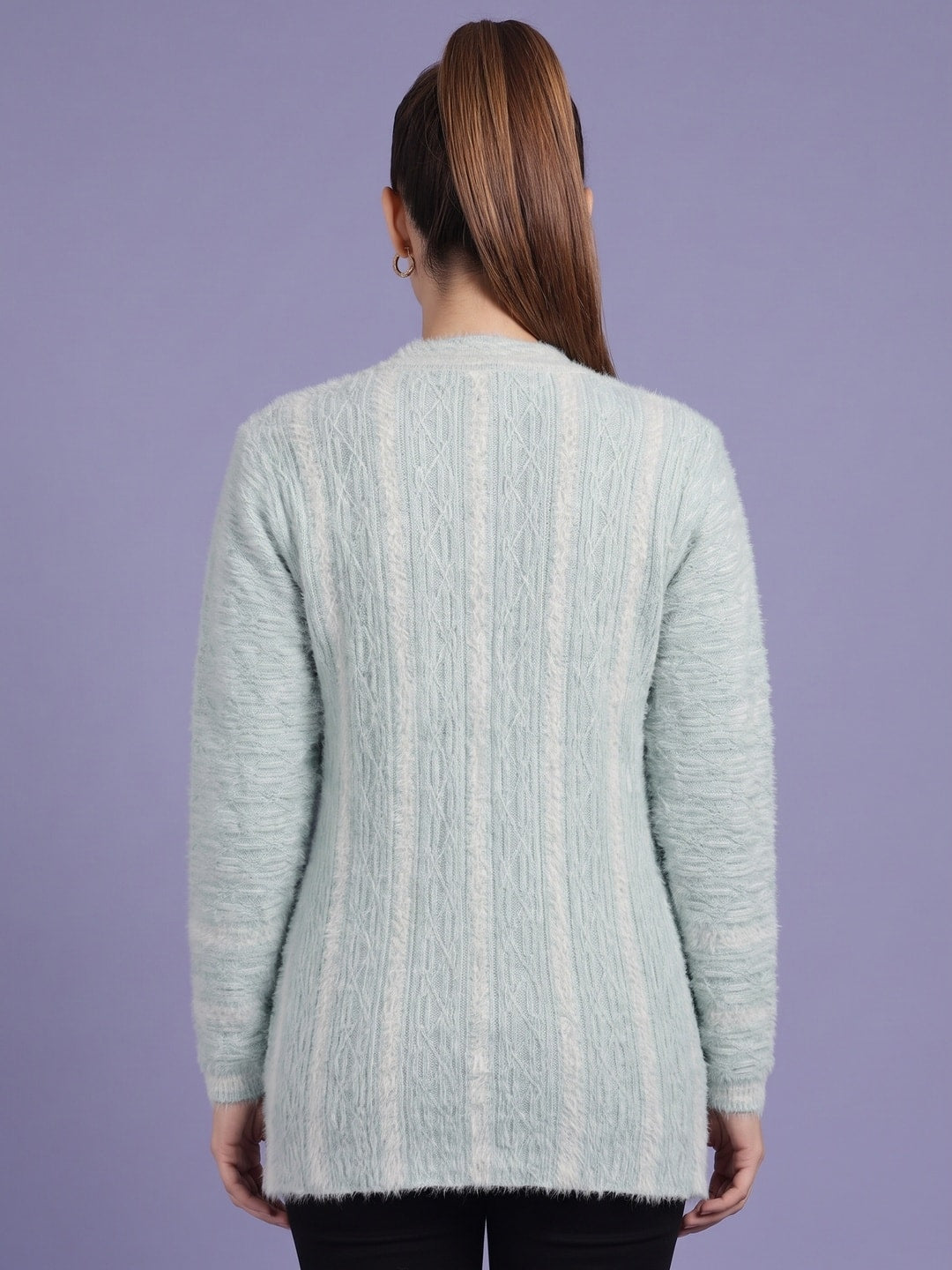 Peachmode Ice Blue Ombre Cable Beaded Yoke Woolen Cardigan - Image 4