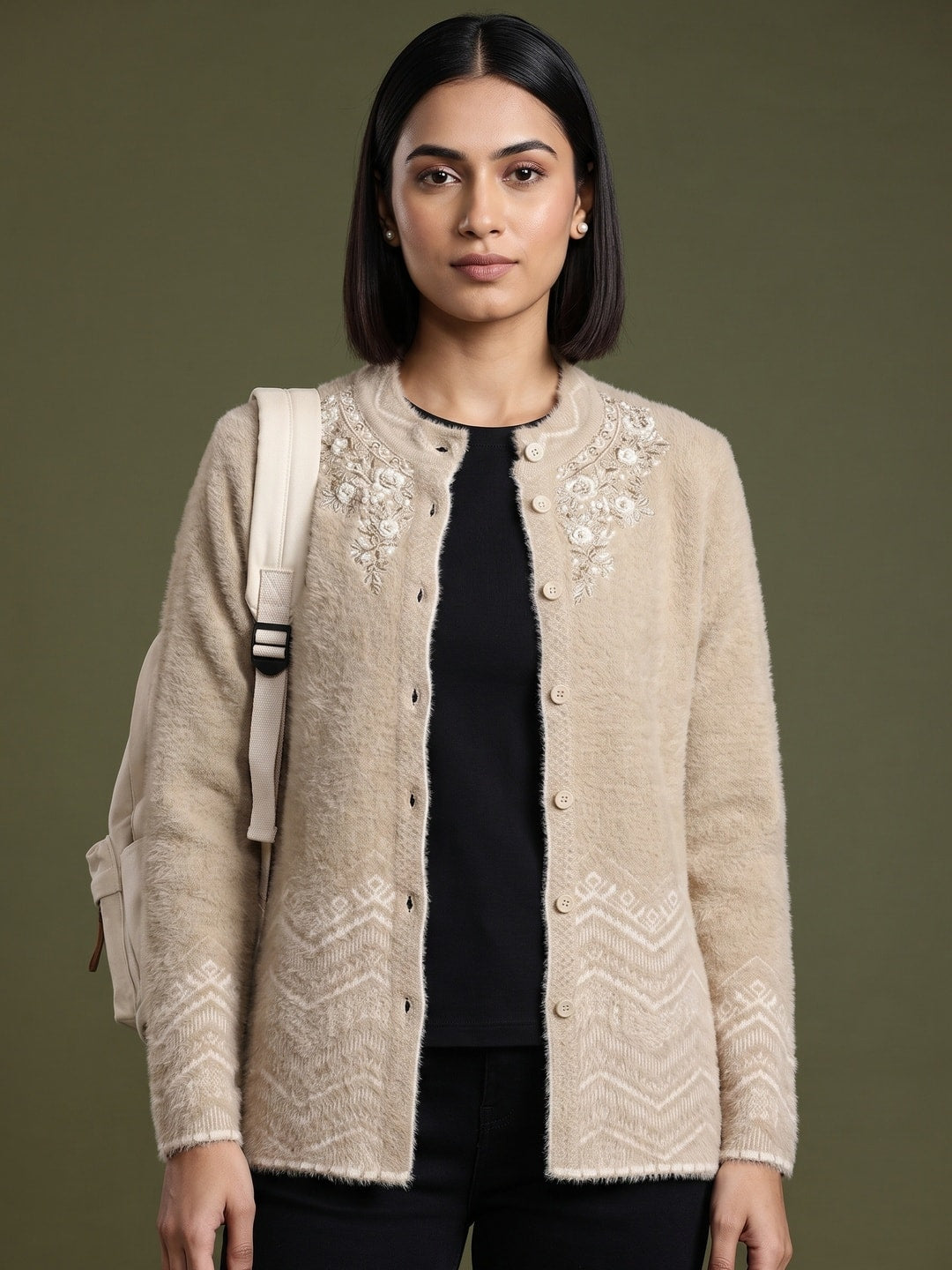 Peachmode Camel Brown Floral Yoke Chevron Hem Woolen Cardigan - Image 1