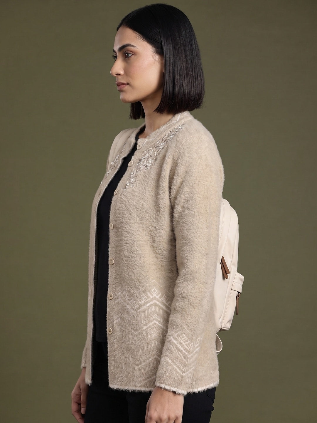 Peachmode Camel Brown Floral Yoke Chevron Hem Woolen Cardigan - Image 3