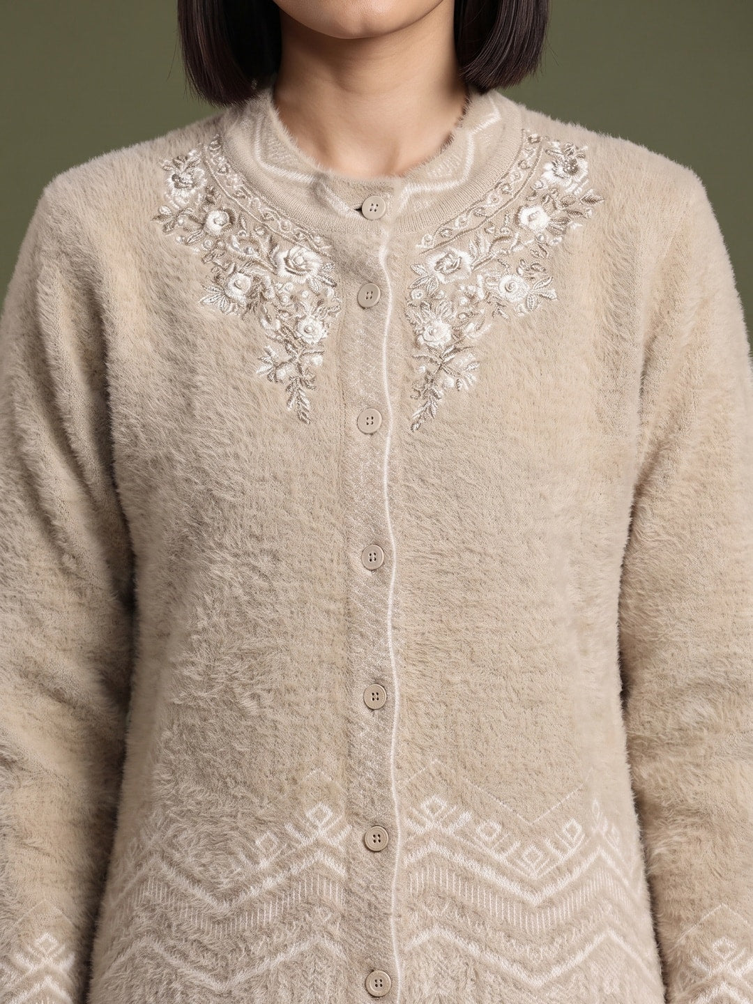 Peachmode Camel Brown Floral Yoke Chevron Hem Woolen Cardigan - Image 5