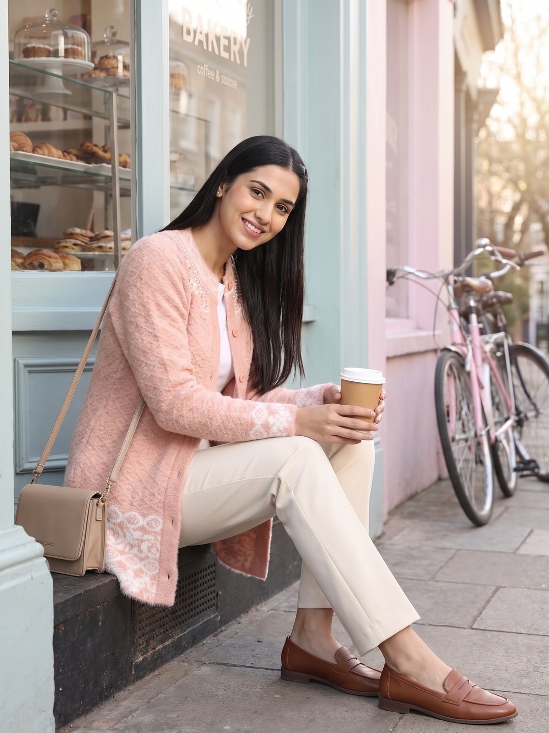 Peachmode Peach Diamond Knit Pearl Yoke Woolen Cardigan - Image 2