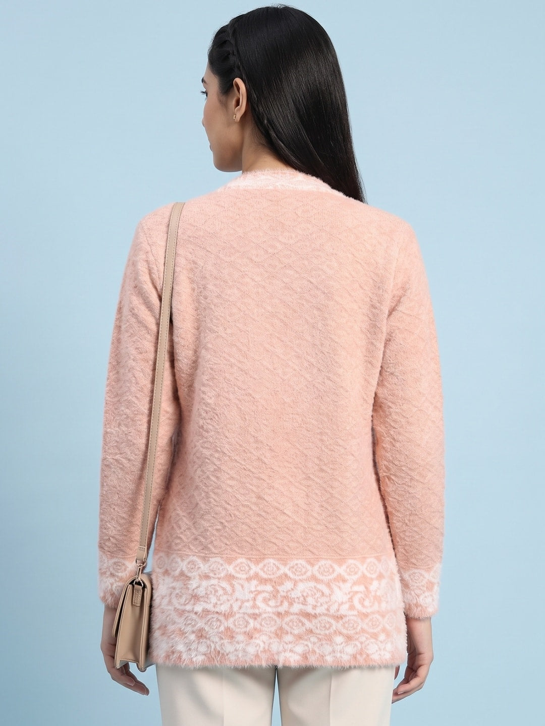 Peachmode Peach Diamond Knit Pearl Yoke Woolen Cardigan - Image 4