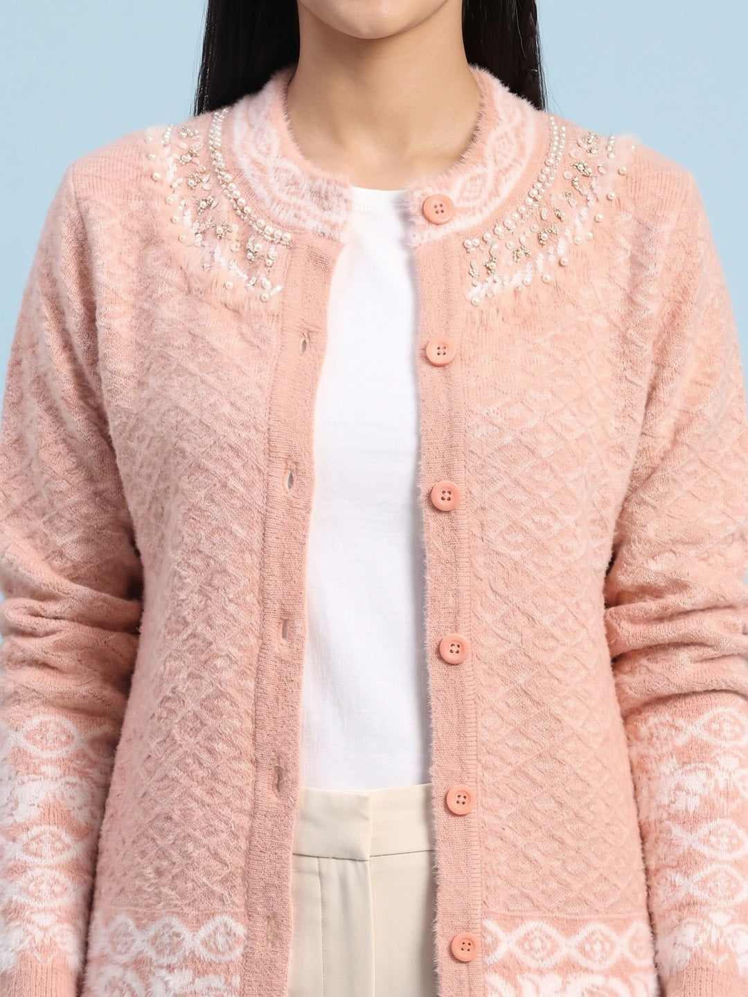 Peachmode Peach Diamond Knit Pearl Yoke Woolen Cardigan - Image 5