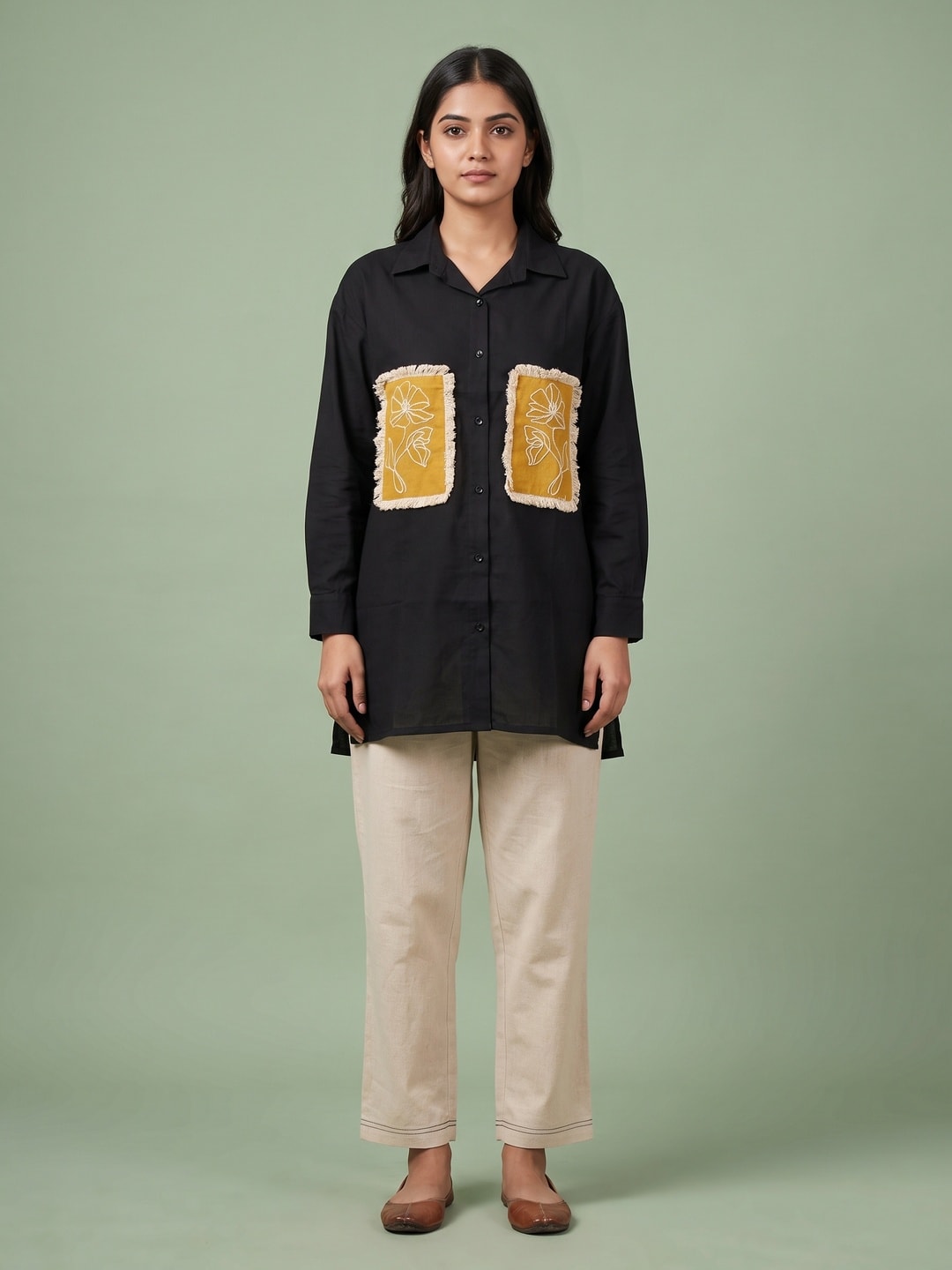Peachmode Black Cotton Co-ord Set With Mustard Embroidered Patch Pockets - Image 1