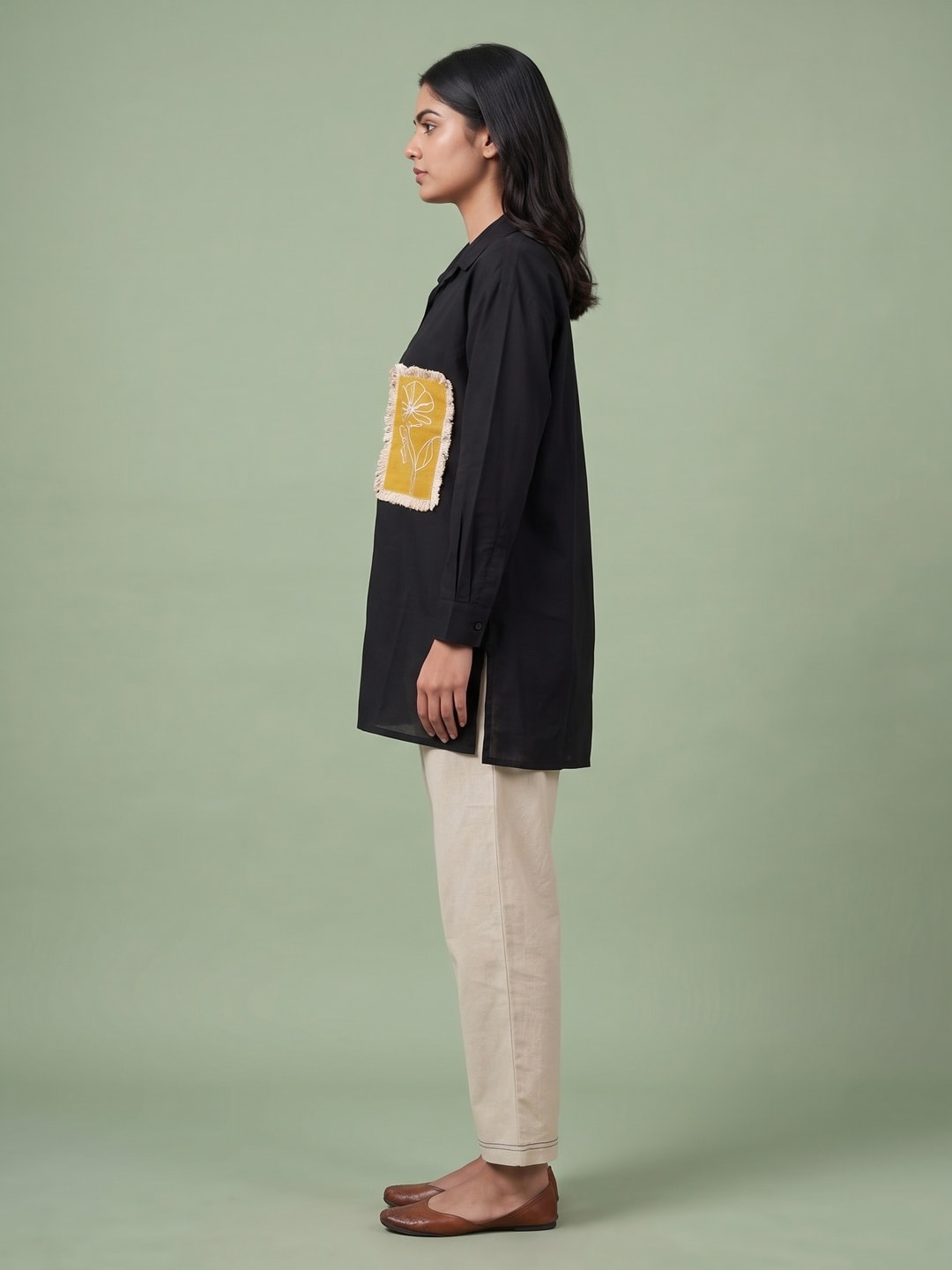 Peachmode Black Cotton Co-ord Set With Mustard Embroidered Patch Pockets - Image 3