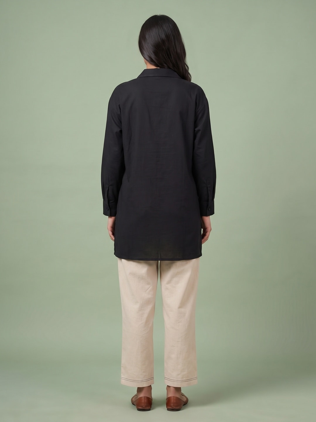 Peachmode Black Cotton Co-ord Set With Mustard Embroidered Patch Pockets - Image 4
