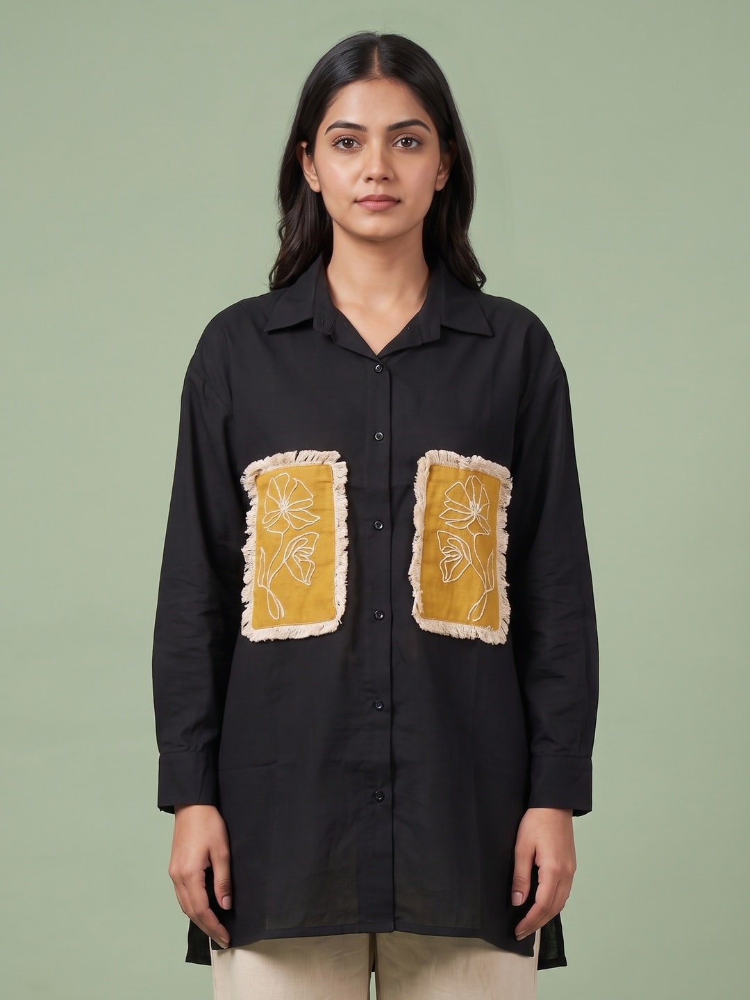Peachmode Black Cotton Co-ord Set With Mustard Embroidered Patch Pockets - Image 5