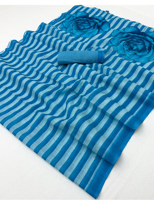 Peachmode Blue Striped Linen Saree With Zari Border - Image 1