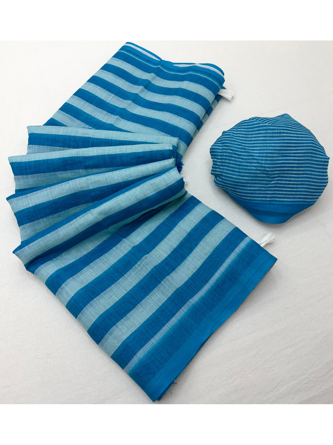 Peachmode Blue Striped Linen Saree With Zari Border - Image 2