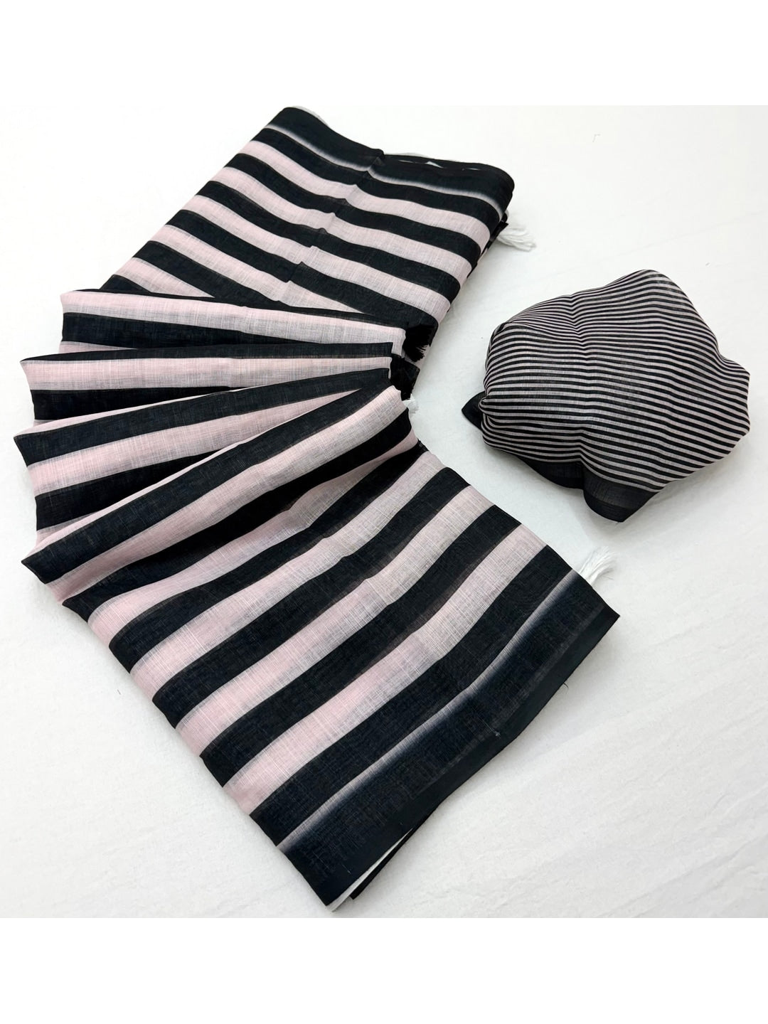 Peachmode Black Striped Linen Saree With Zari Border - Image 4