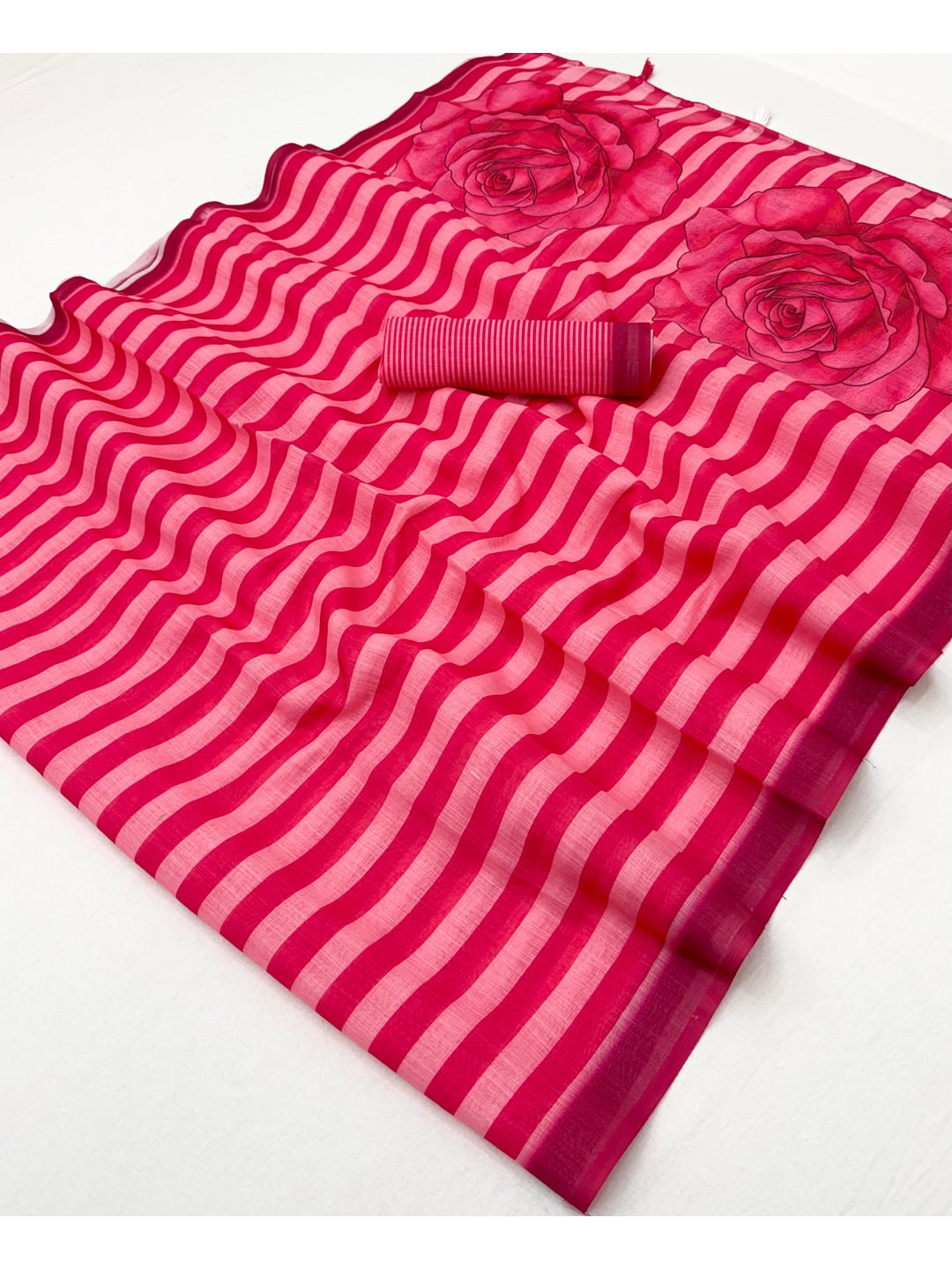 Peachmode Pink Striped Linen Saree With Zari Border - Image 1