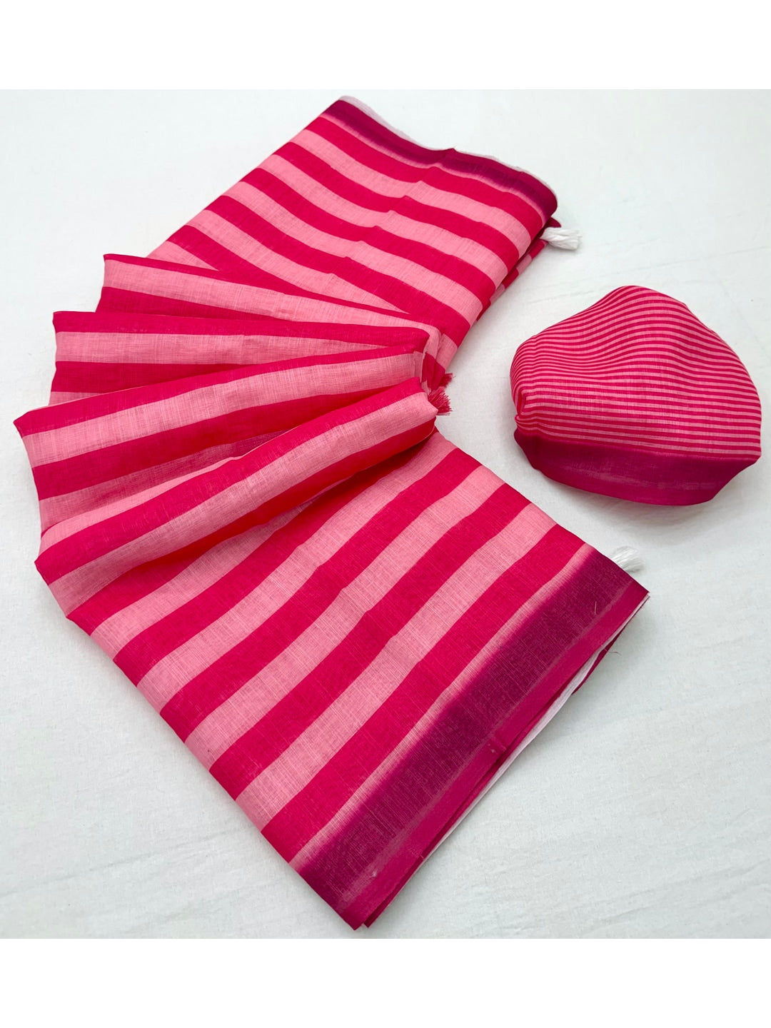Peachmode Pink Striped Linen Saree With Zari Border - Image 2