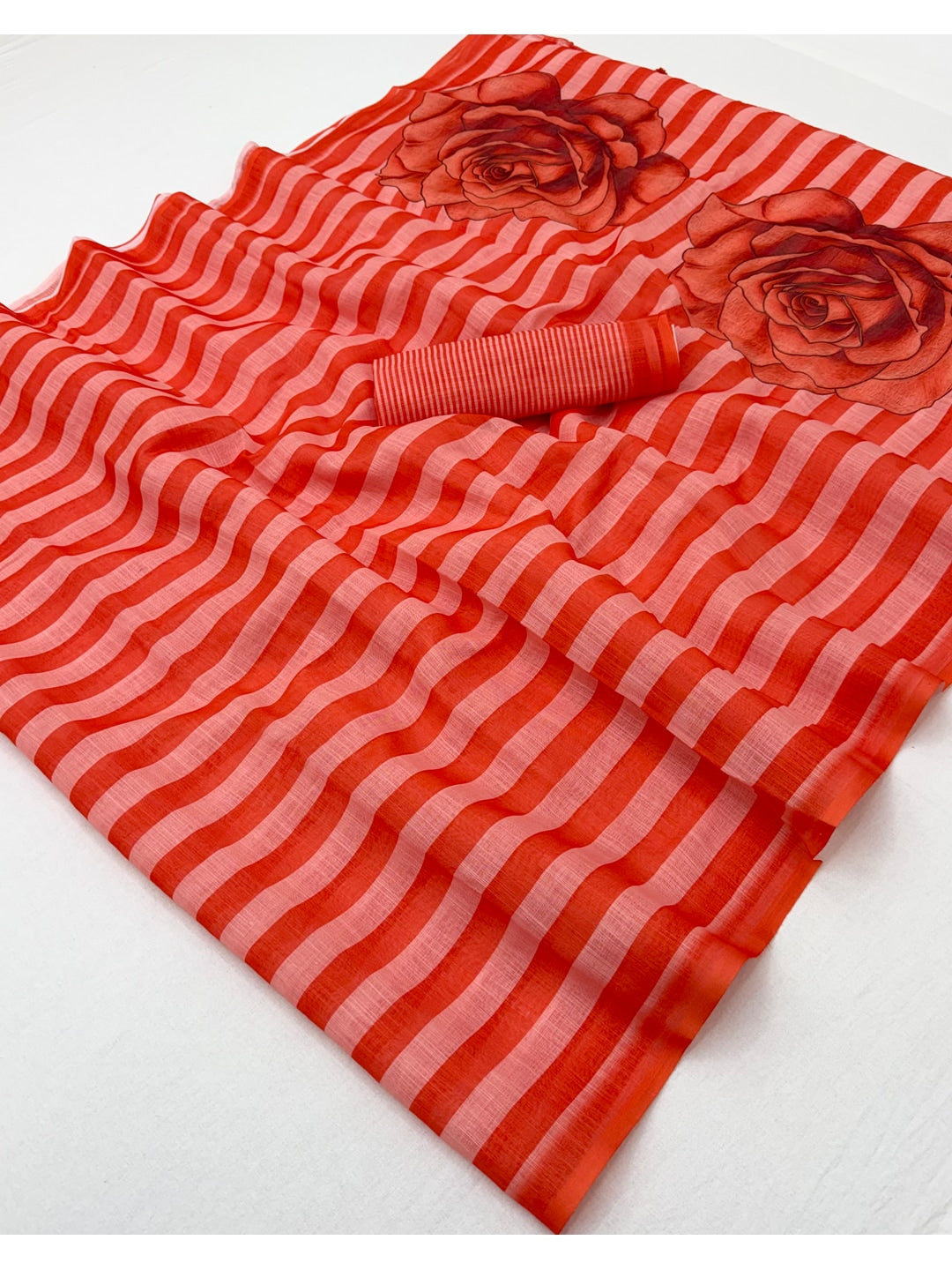 Peachmode Red Striped Linen Saree With Zari Border - Image 3