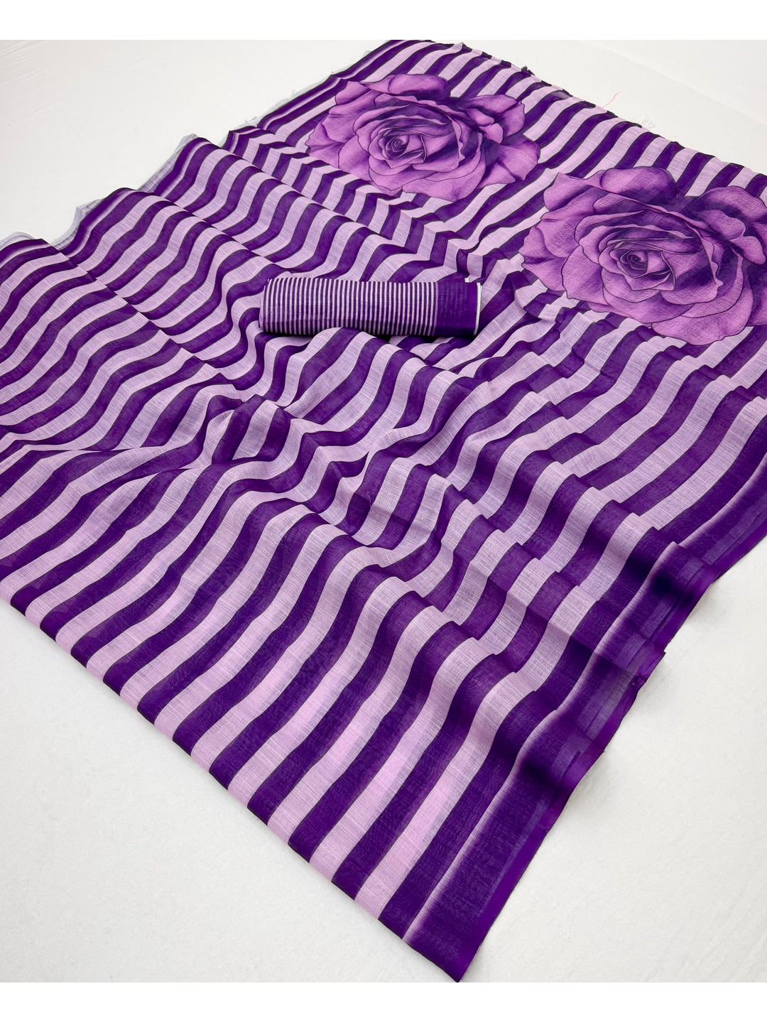 Peachmode Purple Striped Linen Saree With Zari Border - Image 3