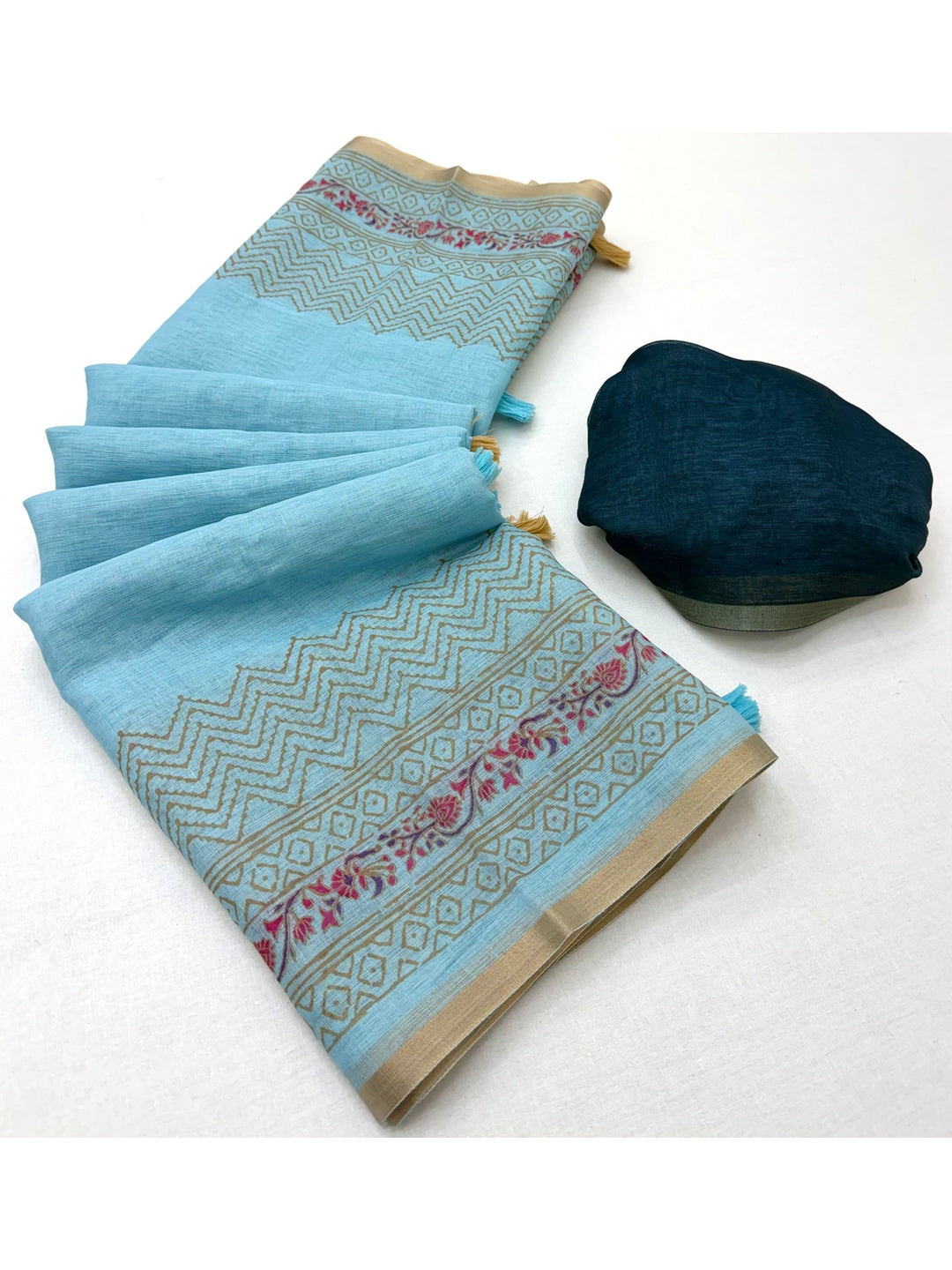Peachmode Blue Printed Linen Saree With Zari Border - Image 3