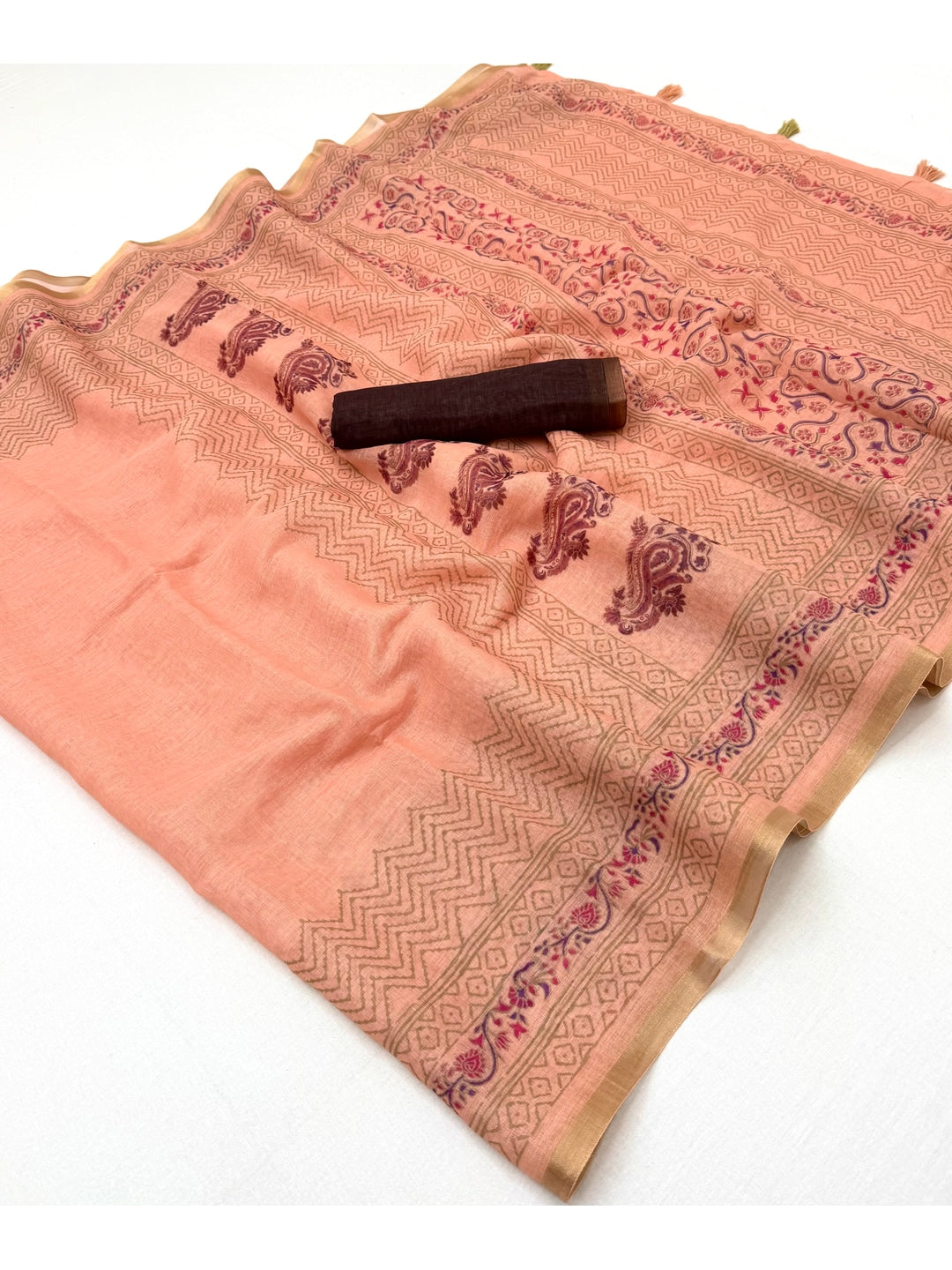 Peachmode Peach Printed Linen Saree With Zari Border - Image 1