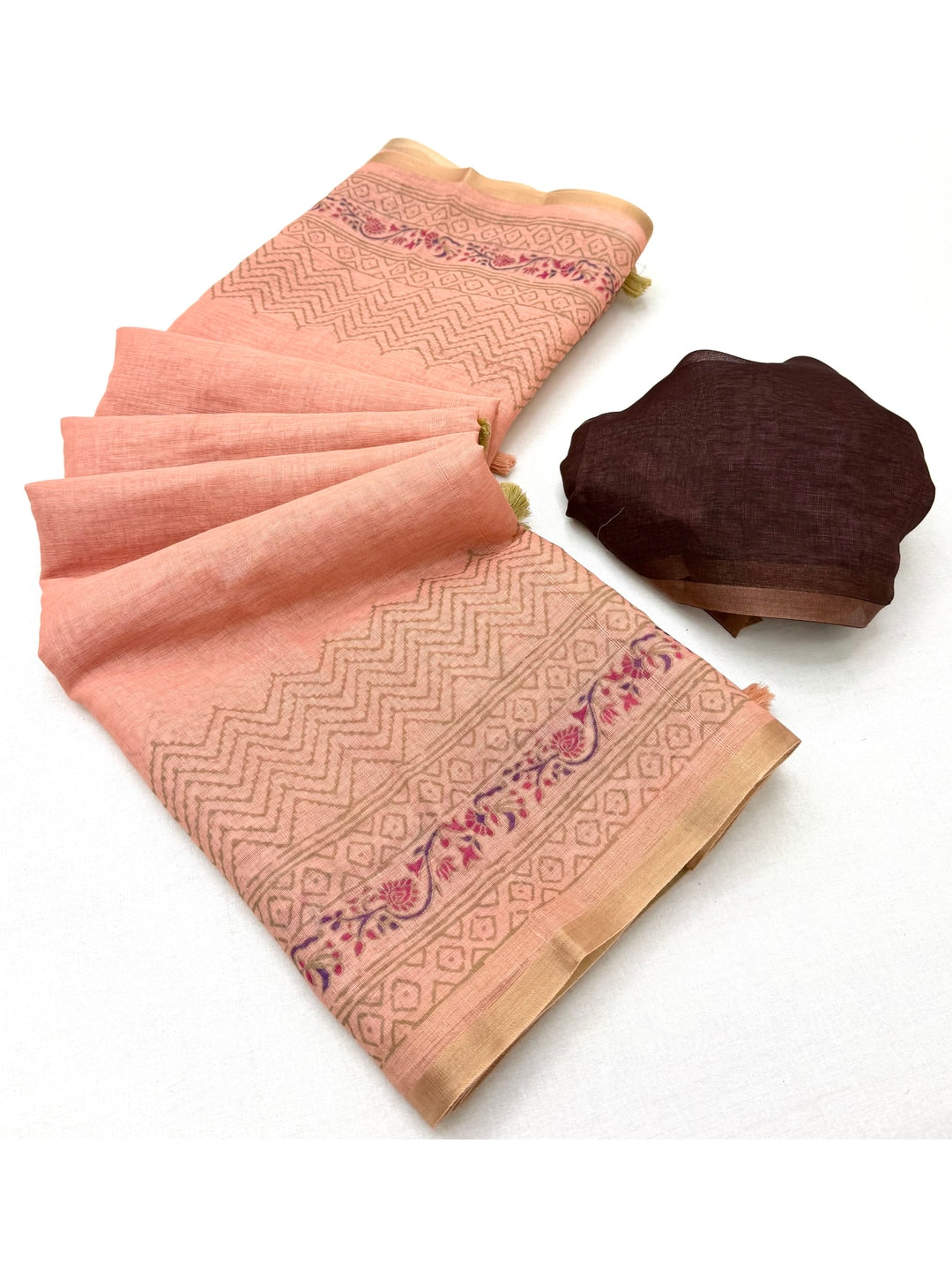 Peachmode Peach Printed Linen Saree With Zari Border - Image 2