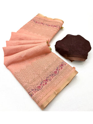 Peachmode Peach Printed Linen Saree With Zari Border - Image 2